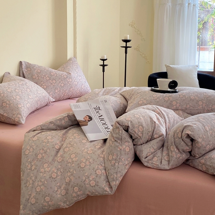 91家纺网 家纺一手货源 找家纺 于果 2025新款全棉双层纱四件套 玫瑰-灰