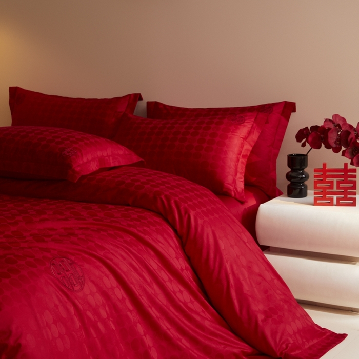 91家纺网 家纺一手货源 找家纺 欧乐蒂 2025新款高支高密提花婚庆四件套 双囍-红