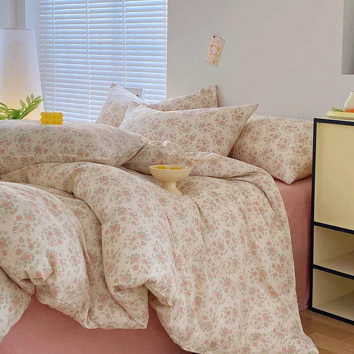 91家纺网 家纺一手货源 找家纺 于果 2025新款全棉双层纱四件套 玫瑰-米