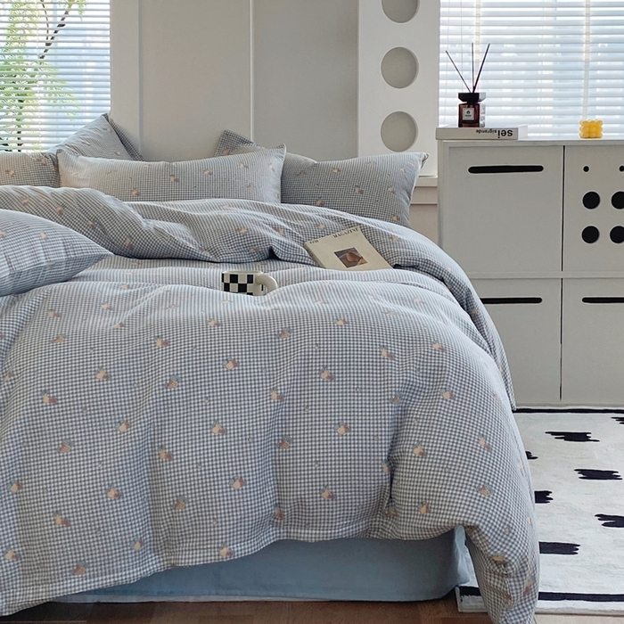 91家纺网 家纺一手货源 找家纺 于果 2025新款全棉双层纱四件套 金菠萝-蓝