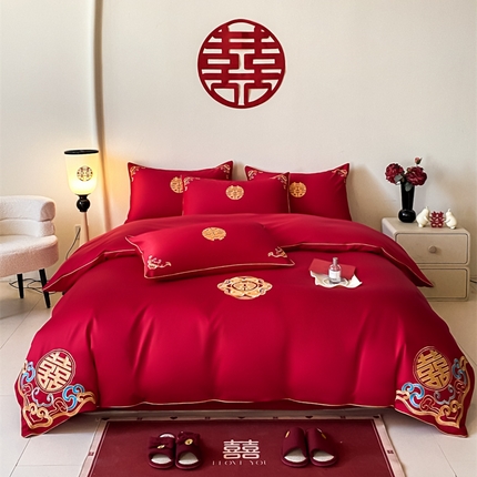 欧乐蒂 2025新款全棉刺绣婚庆四件套 佳偶天成