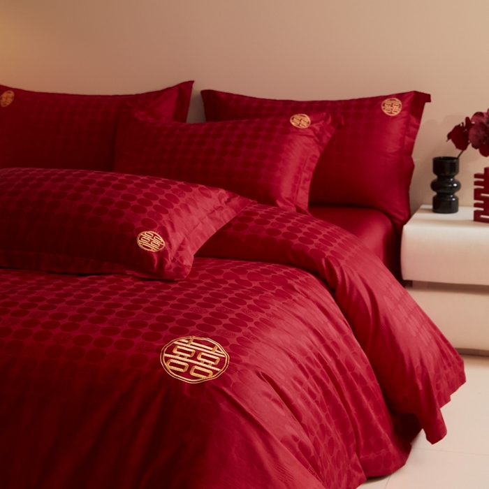 91家纺网 家纺一手货源 找家纺 欧乐蒂 2025新款高支高密提花婚庆四件套 双囍-金