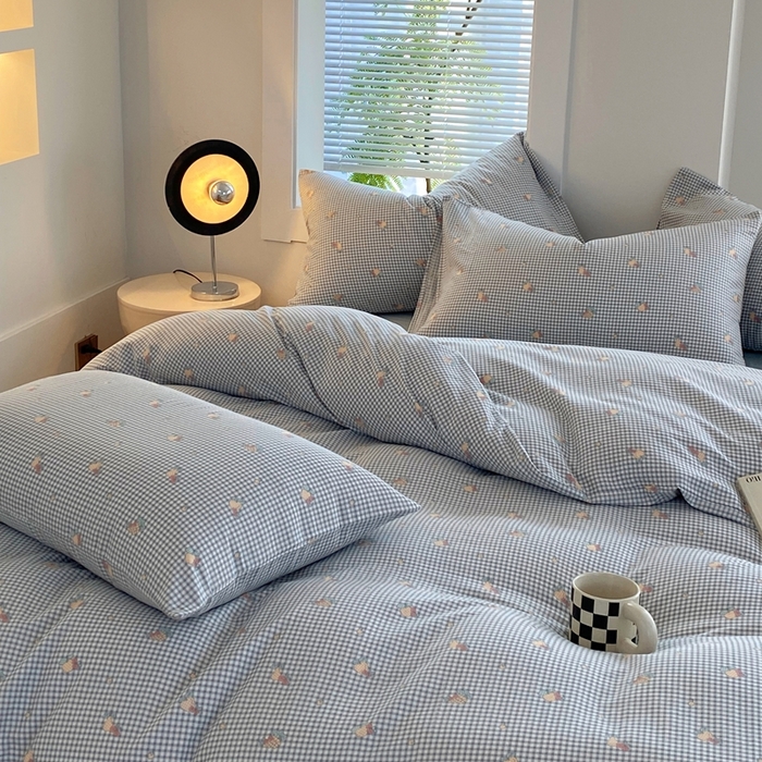 91家纺网 家纺一手货源 找家纺 于果 2025新款全棉双层纱四件套 金菠萝-蓝