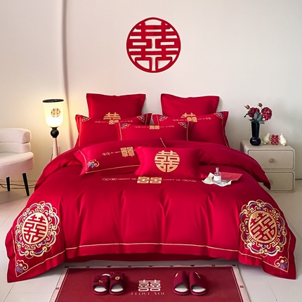 欧乐蒂 2025新款全棉刺绣婚庆四件套 双囍临门