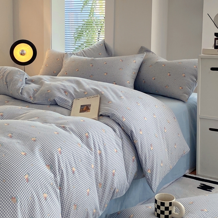 91家纺网 家纺一手货源 找家纺 于果 2025新款全棉双层纱四件套 金菠萝-蓝