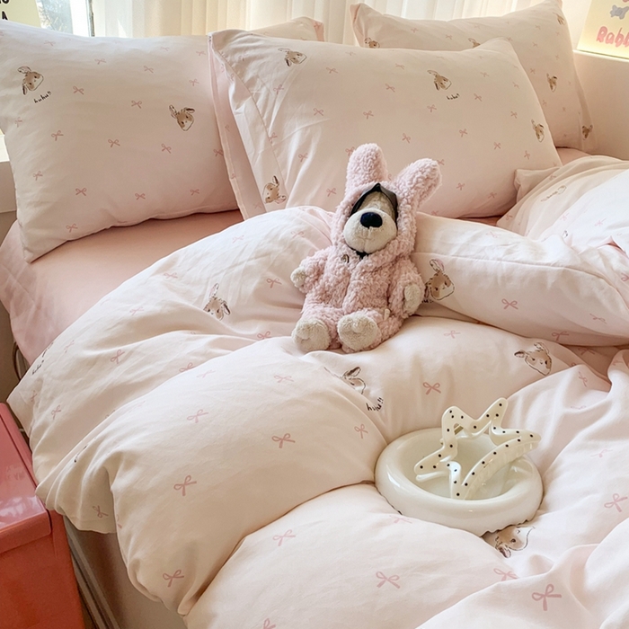 91家纺网 家纺一手货源 找家纺 吾欢心 2025新款针织棉双层纱四件套 可爱小兔