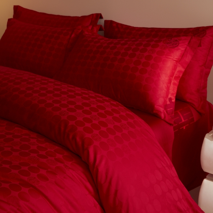 91家纺网 家纺一手货源 找家纺 欧乐蒂 2025新款高支高密提花婚庆四件套 双囍-红