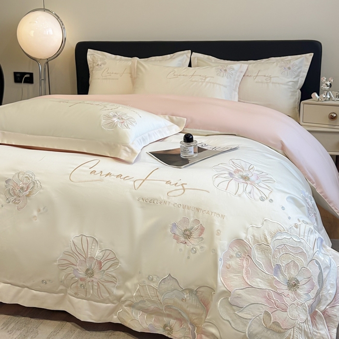 91家纺网 家纺一手货源 找家纺 欧乐蒂 2025新款亲肤棉刺绣四件套-花韵 花韵-白桃