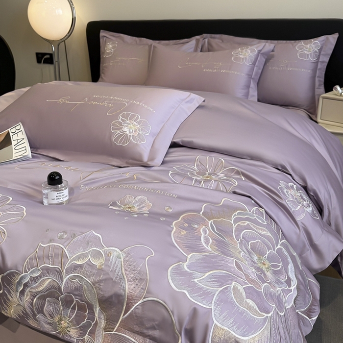 91家纺网 家纺一手货源 找家纺 欧乐蒂 2025新款亲肤棉刺绣四件套-花韵 花韵-芋紫