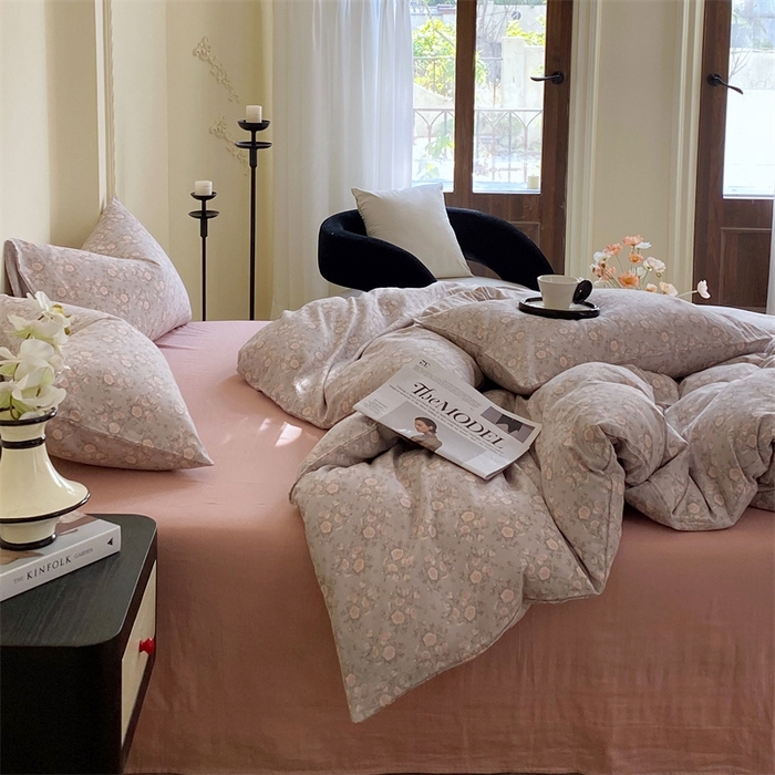 91家纺网 家纺一手货源 找家纺 于果 2025新款全棉双层纱四件套 玫瑰-灰