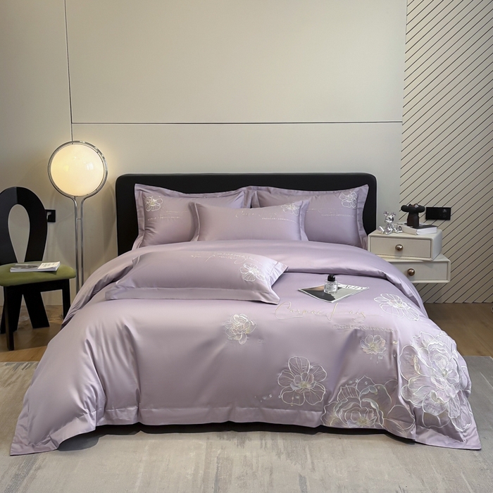 91家纺网 家纺一手货源 找家纺 欧乐蒂 2025新款亲肤棉刺绣四件套-花韵 花韵-芋紫