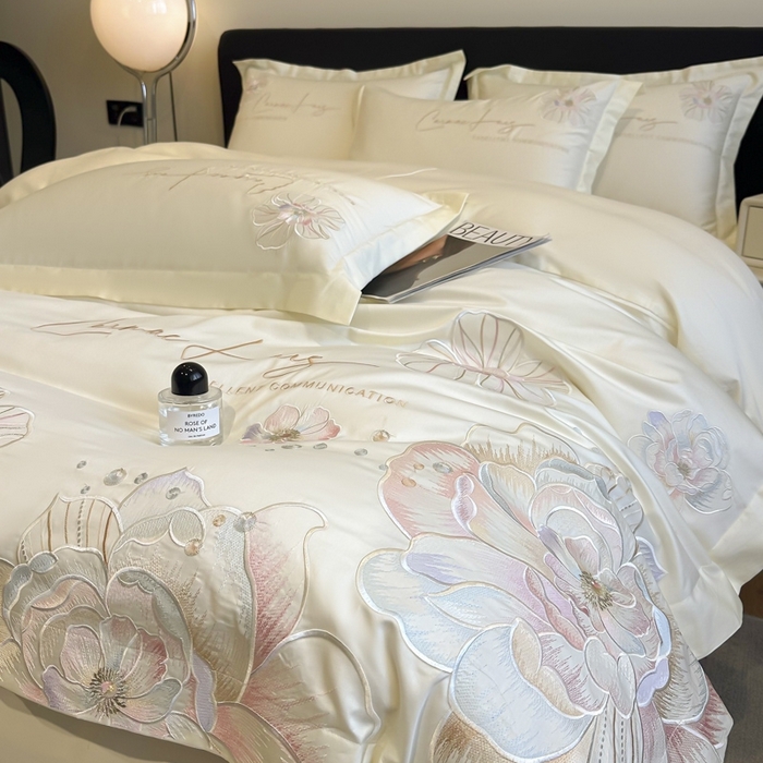 91家纺网 家纺一手货源 找家纺 欧乐蒂 2025新款亲肤棉刺绣四件套-花韵 花韵-暖白