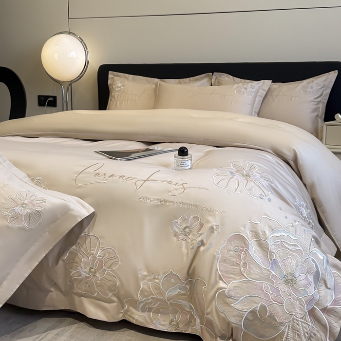 91家纺网 家纺一手货源 找家纺 欧乐蒂 2025新款亲肤棉刺绣四件套-花韵 花韵-金咖