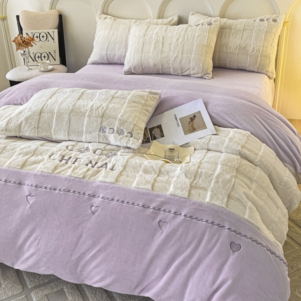 91家纺网 家纺一手货源 找家纺 （买家秀爆款不断货）A类母婴级獭兔绒四件套珊瑚绒四件套雪花绒四件套工艺款兔兔牛奶绒四件套兔毛绒四件套 甜心-木槿紫