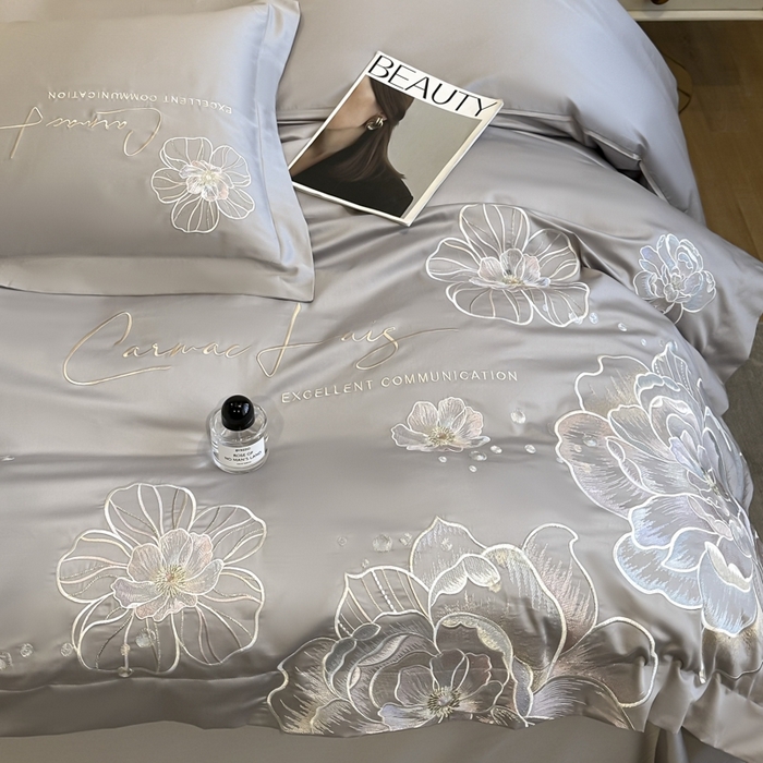 91家纺网 家纺一手货源 找家纺 欧乐蒂 2025新款亲肤棉刺绣四件套-花韵 花韵-夜灰