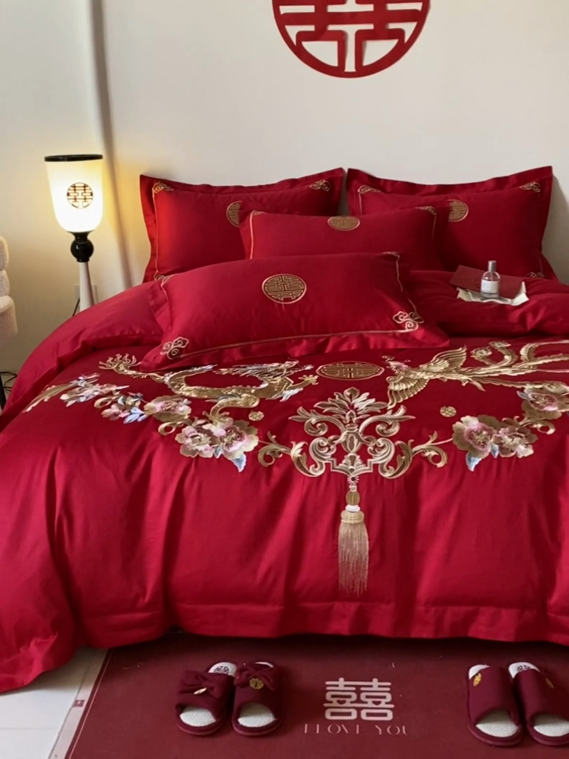 91家纺网 家纺一手货源 找家纺 欧乐蒂 2025新款全棉刺绣婚庆四件套 龙凤和美