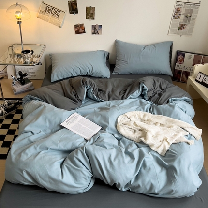 梦卓家纺 2025爆款ins风超柔褶皱亲肤磨毛水洗棉四件套 雾霾蓝＋深灰