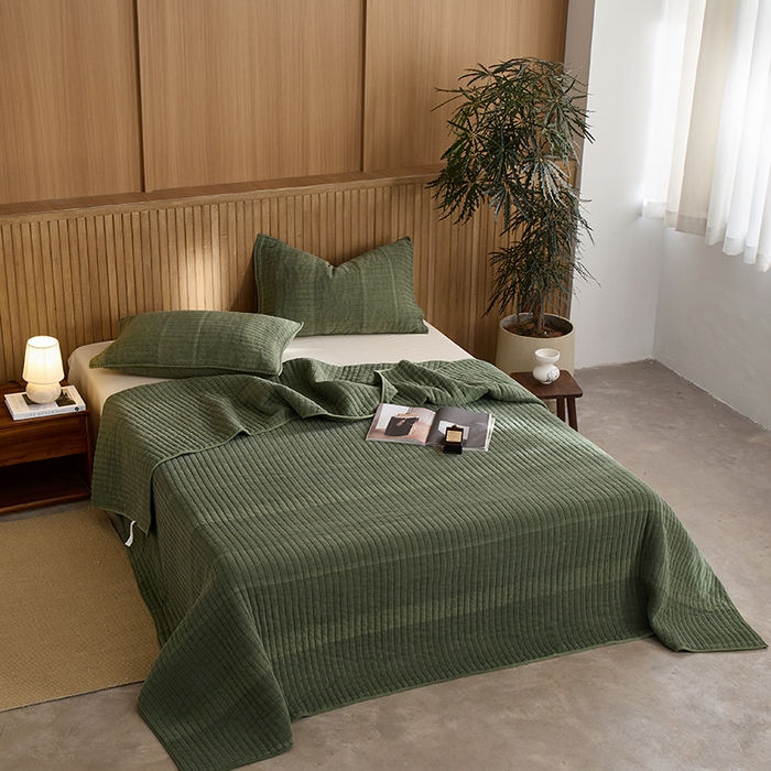 91家纺网 家纺一手货源 找家纺 2025新款全棉纱洗床盖三件套-艾伦 艾伦-军绿