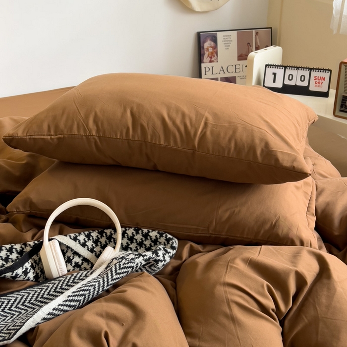 91家纺网 家纺一手货源 找家纺 梦卓家纺 2025爆款ins风超柔褶皱亲肤磨毛水洗棉四件套 焦糖