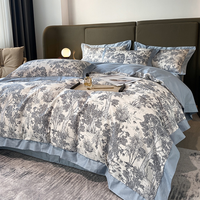 91家纺网 家纺一手货源 找家纺 2025新款全棉四件套-法式花卉宽边系列（场景二） 山茶花蓝