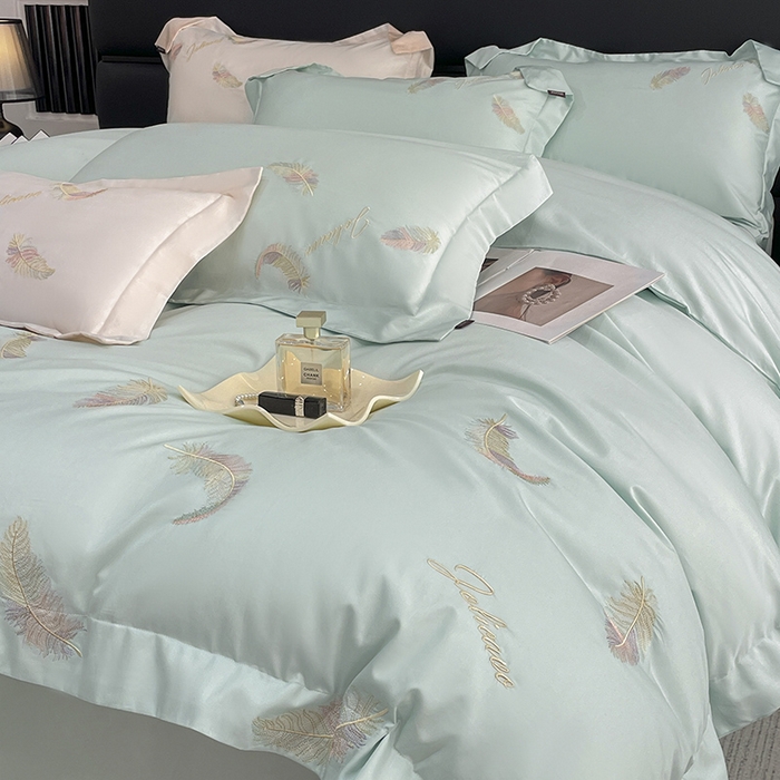 91家纺网 家纺一手货源 找家纺 2025春夏长绒棉四件套纯棉全棉轻奢风床单被套重工刺绣床上用品 芊羽梦-茶绿