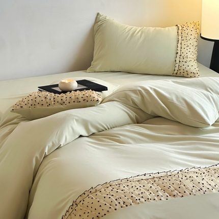 91家纺网 家纺一手货源 找家纺 2025新款直播热款奶油公主风法式蕾丝花边四件套水洗磨毛纯色床笠学生三件套-简单爱 简单爱-绿