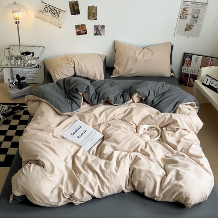 梦卓家纺 2025爆款ins风超柔褶皱亲肤磨毛水洗棉四件套 奶咖＋深灰