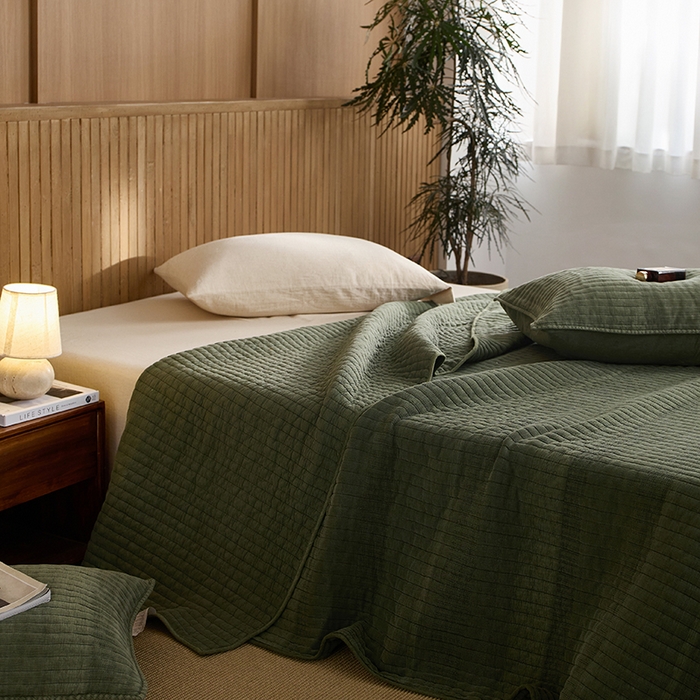 91家纺网 家纺一手货源 找家纺 2025新款全棉纱洗床盖三件套-艾伦 艾伦-军绿