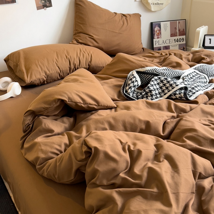 91家纺网 家纺一手货源 找家纺 梦卓家纺 2025爆款ins风超柔褶皱亲肤磨毛水洗棉四件套 焦糖