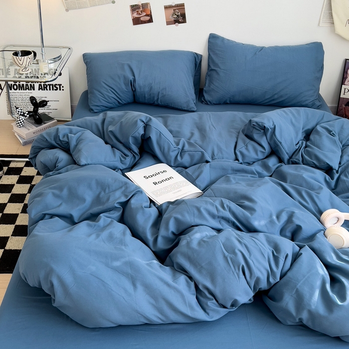 91家纺网 家纺一手货源 找家纺 梦卓家纺 2025爆款ins风超柔褶皱亲肤磨毛水洗棉四件套 爵士蓝