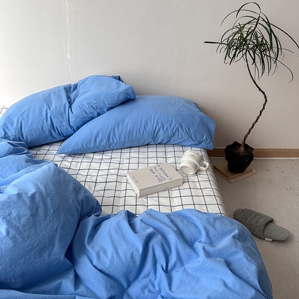 91家纺网 家纺一手货源 找家纺 2025新款色织水洗棉四件套海蓝画册系列-第一组 海蓝画册【枕套有点蓝】