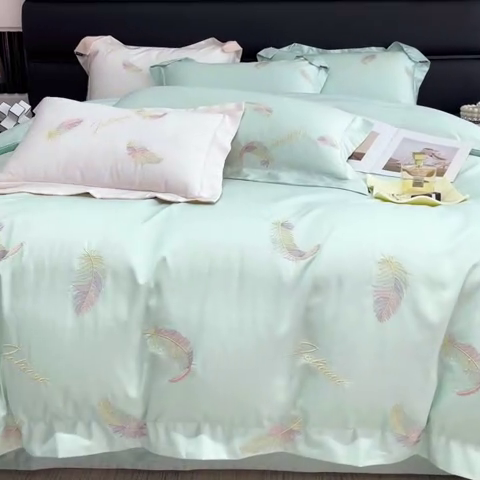 91家纺网 家纺一手货源 找家纺 2025春夏长绒棉四件套纯棉全棉轻奢风床单被套重工刺绣床上用品 芊羽梦-茶绿