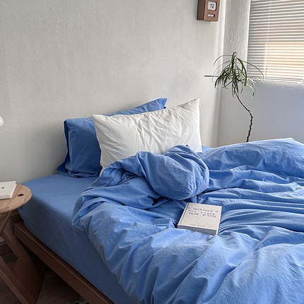 91家纺网 家纺一手货源 找家纺 2025新款40水洗棉四件套有一点蓝系列 有点蓝【枕套混搭盐白】