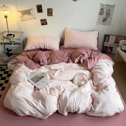 梦卓家纺 2025爆款ins风超柔褶皱亲肤磨毛水洗棉四件套 水粉＋藕粉