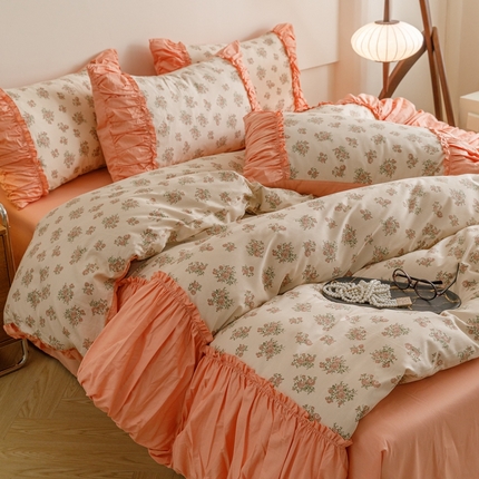 91家纺网 家纺一手货源 找家纺 2025新款40支全棉花边四件套-【南法庄园】 岸边花语