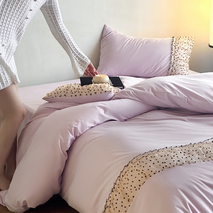 91家纺网 家纺一手货源 找家纺 2025新款直播热款奶油公主风法式蕾丝花边四件套水洗磨毛纯色床笠学生三件套-简单爱 简单爱-紫