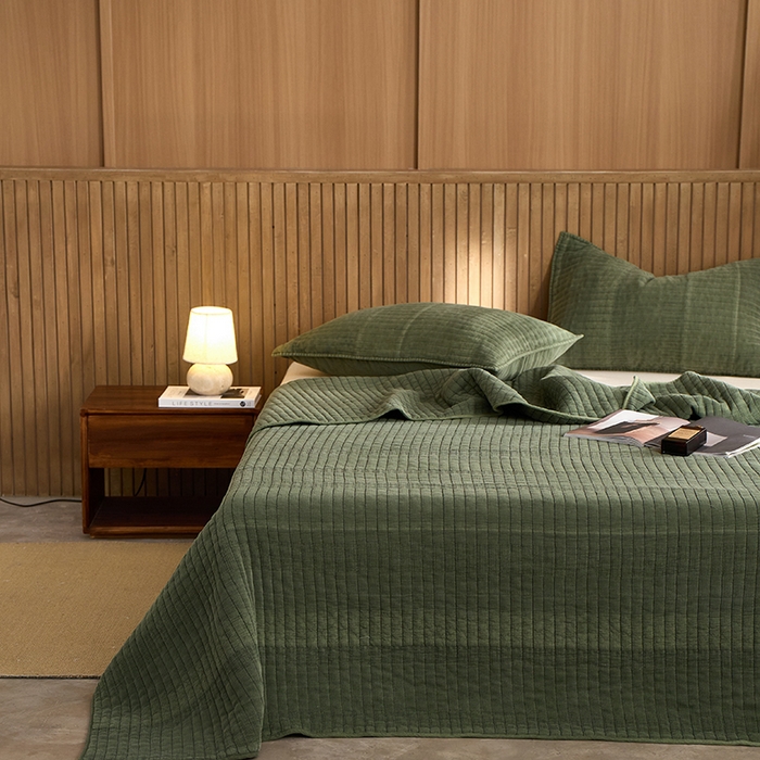 91家纺网 家纺一手货源 找家纺 2025新款全棉纱洗床盖三件套-艾伦 艾伦-军绿