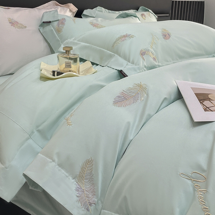 91家纺网 家纺一手货源 找家纺 2025春夏长绒棉四件套纯棉全棉轻奢风床单被套重工刺绣床上用品 芊羽梦-茶绿