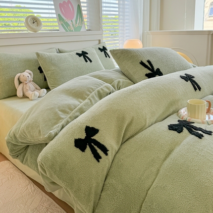 91家纺网 家纺一手货源 找家纺 （买家秀爆款不断货）A类母婴级提花牛奶绒四件套珊瑚绒四件套雪花绒四件套舒棉绒四件套阳离子牛奶绒四件套 舒棉绒提花-蝴蝶结绿色