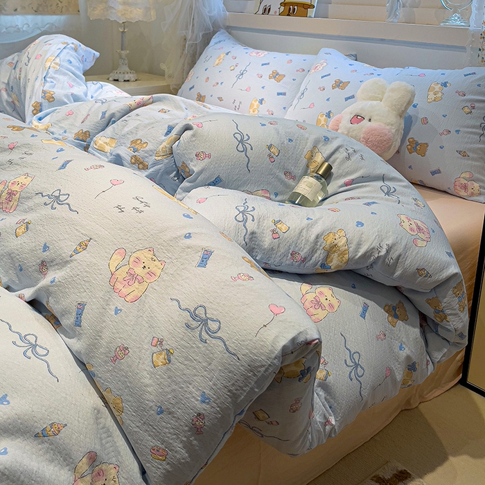 91家纺网 家纺一手货源 找家纺 奈颜 2025新款爆款云感提花双层纱裸睡四件套 动物派对