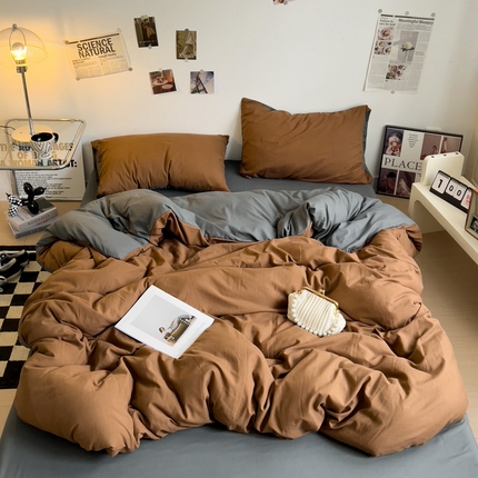 梦卓家纺 2025爆款ins风超柔褶皱亲肤磨毛水洗棉四件套 焦糖＋深灰