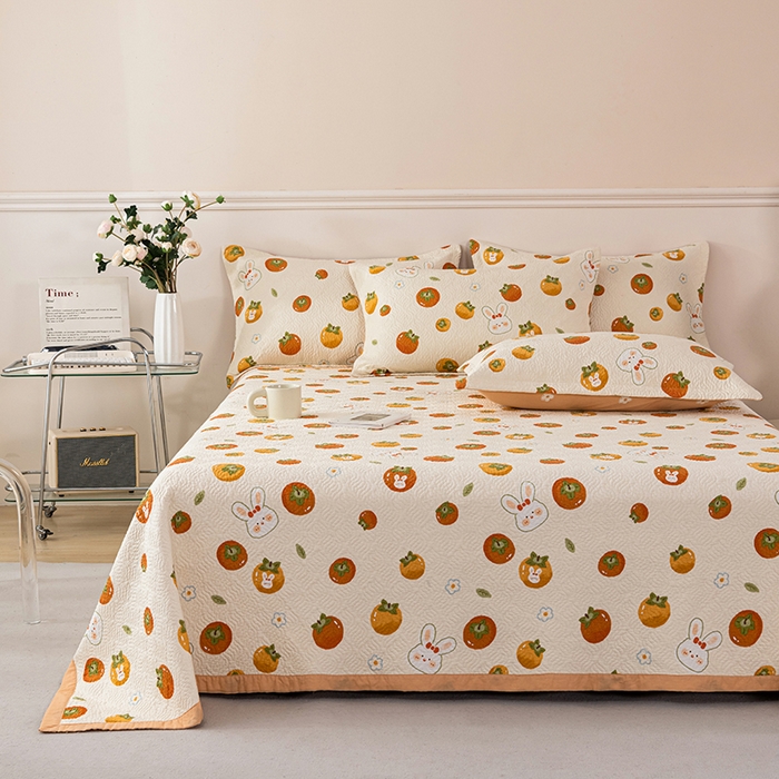 91家纺网 家纺一手货源 找家纺 2025新款13070双面全棉砂洗大直边床盖三件套四件套 喜事兔