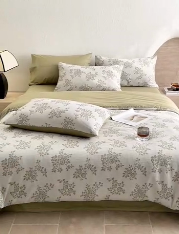 91家纺网 家纺一手货源 找家纺 2025新款全棉三层纱色织大提花四件套系列 长夏-果绿