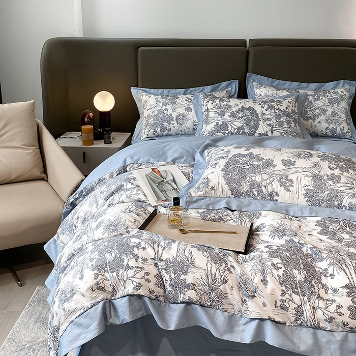 91家纺网 家纺一手货源 找家纺 2025新款全棉四件套-法式花卉宽边系列（场景二） 山茶花蓝