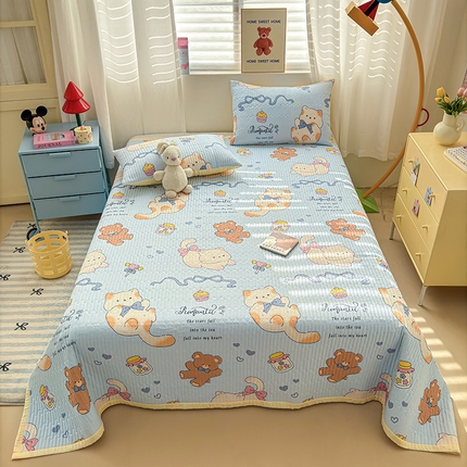 罗亿家纺 2025新款水洗棉双层纱夹棉绗缝床盖（提供买家秀） 小猫逃离记