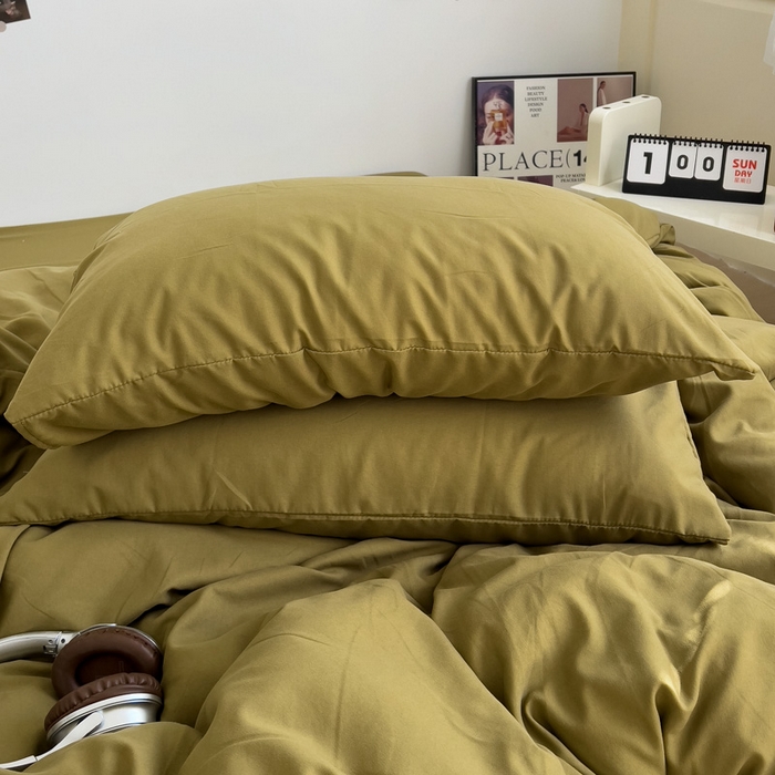 91家纺网 家纺一手货源 找家纺 梦卓家纺 2025爆款ins风超柔褶皱亲肤磨毛水洗棉四件套 姜黄