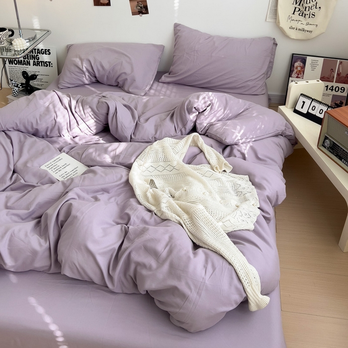 91家纺网 家纺一手货源 找家纺 梦卓家纺 2025爆款ins风超柔褶皱亲肤磨毛水洗棉四件套 芋泥紫