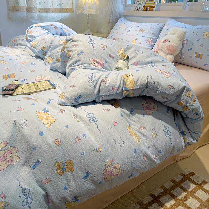 91家纺网 家纺一手货源 找家纺 奈颜 2025新款爆款云感提花双层纱裸睡四件套 动物派对