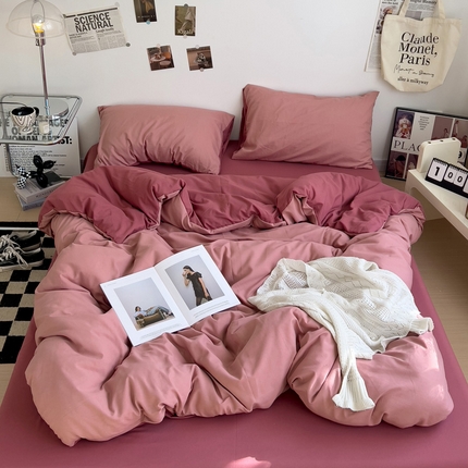 91家纺网 家纺一手货源 找家纺 梦卓家纺 2025爆款ins风超柔褶皱亲肤磨毛水洗棉四件套 藕粉＋石榴红