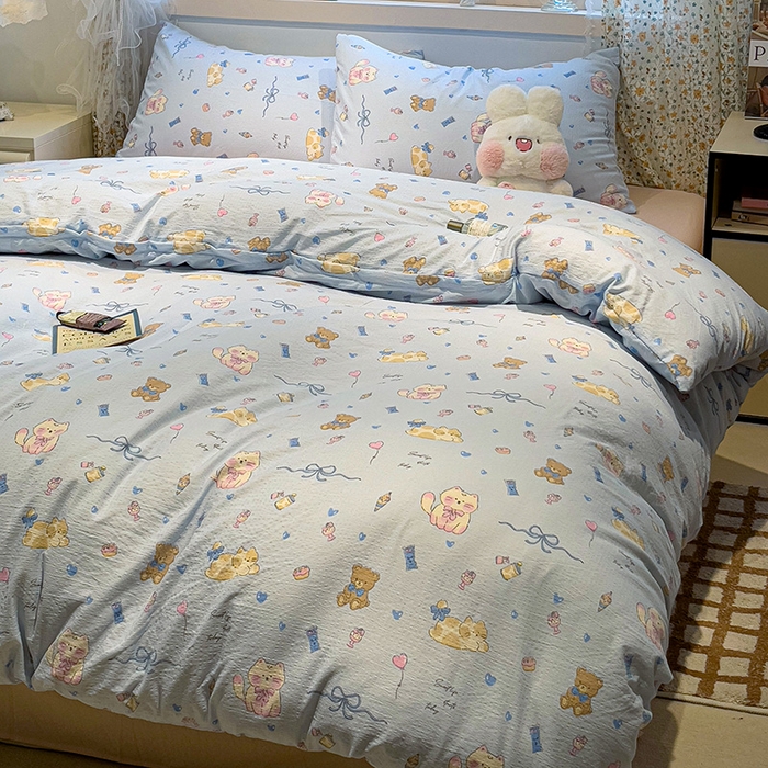 91家纺网 家纺一手货源 找家纺 奈颜 2025新款爆款云感提花双层纱裸睡四件套 动物派对